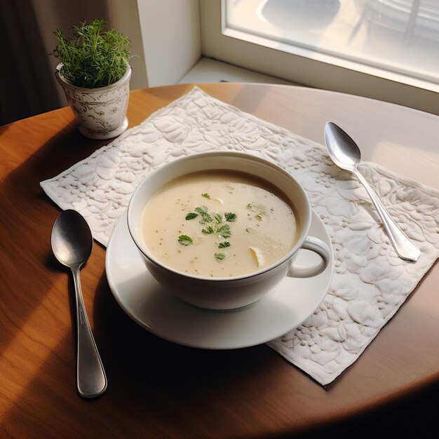 Hay un cuenco de sopa en una mesa con una cuchara y una olla de plantas generativas ai