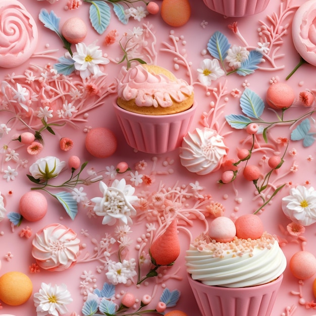 hay cupcakes y otras decoraciones en una superficie rosa generativa ai