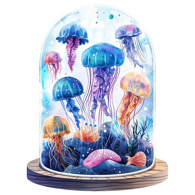 Hay una cúpula de vidrio con mermeladas y estrellas de mar dentro de la generativa ai