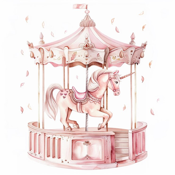hay un dibujo a la acuarela de un caballo de carrusel en un fondo blanco