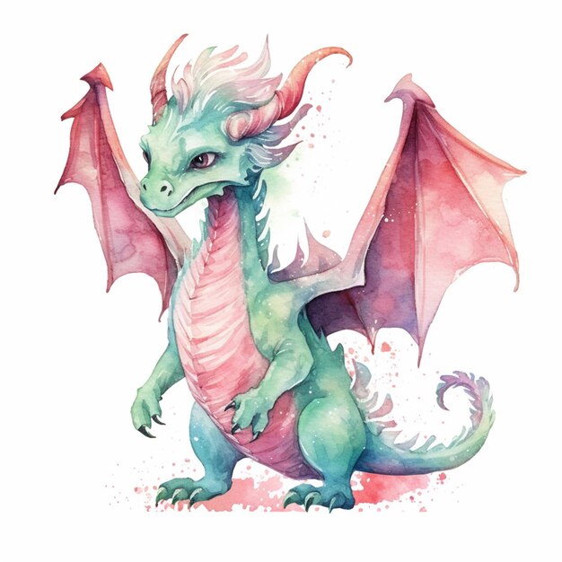 hay un dibujo de acuarela de un dragón con una cola rosa generativa ai