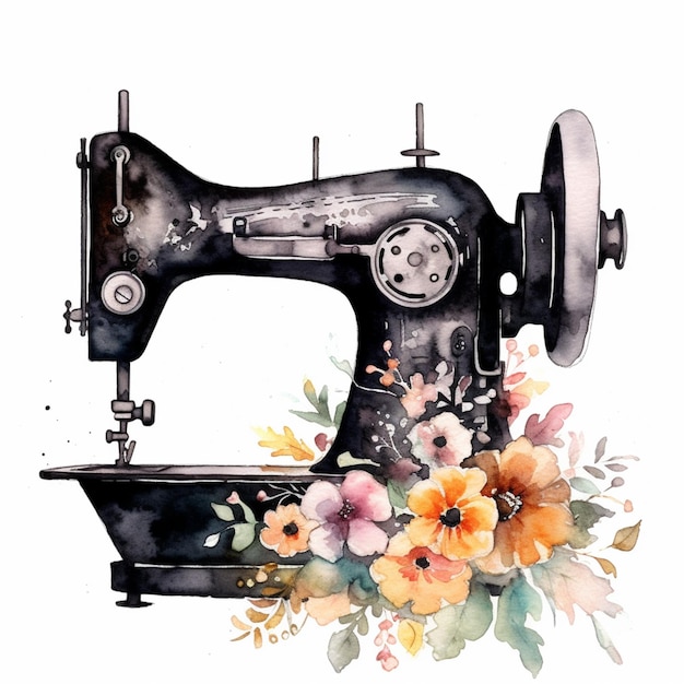 Hay un dibujo a la acuarela de una máquina de coser con flores generativas ai