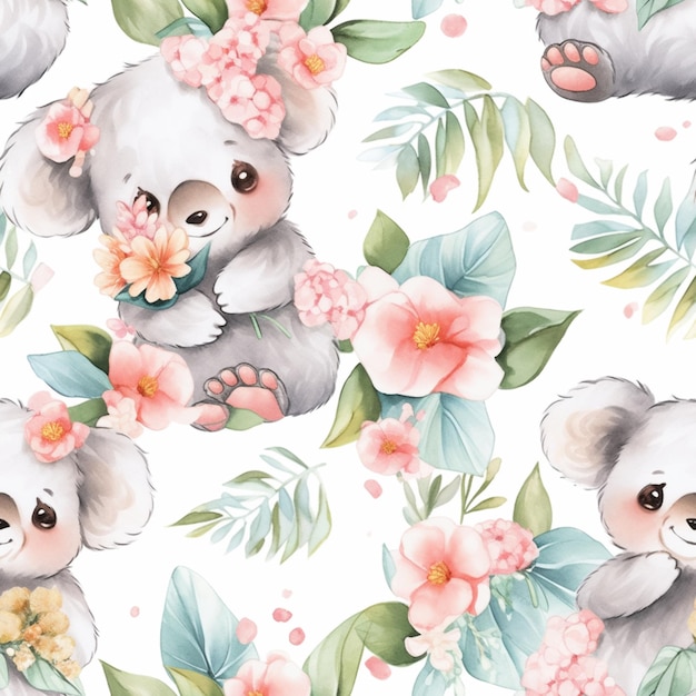 Hay un dibujo a la acuarela de un oso koala con flores generativas ai