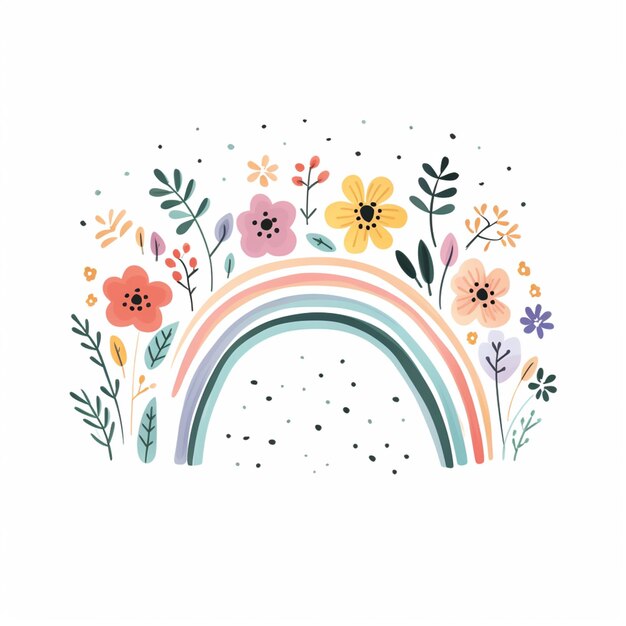 hay un dibujo de un arco iris con flores y hojas generativas ai