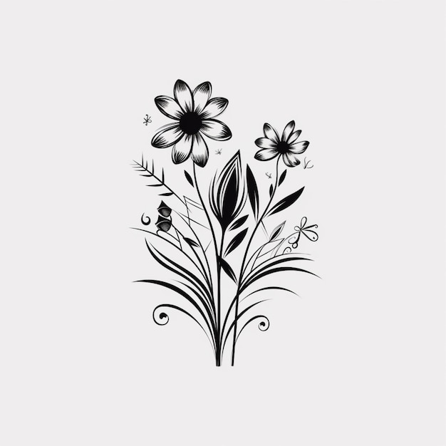 Hay un dibujo en blanco y negro de flores sobre un fondo blanco generativo ai