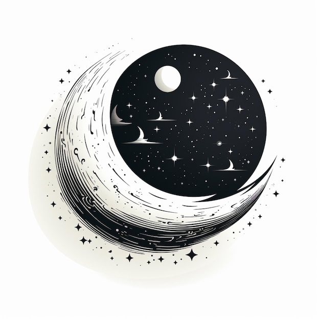 hay un dibujo en blanco y negro de una media luna con estrellas generativas ai