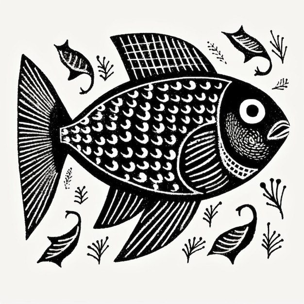Hay un dibujo en blanco y negro de un pez con peces a su alrededor ai generativo