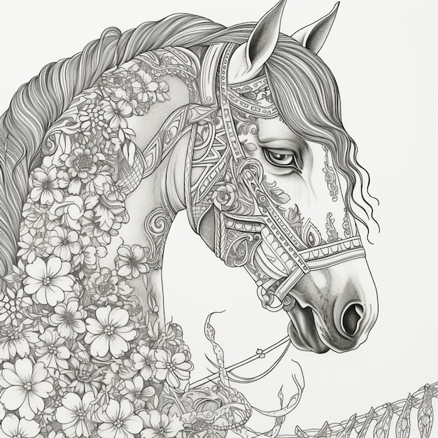 Hay un dibujo de un caballo con brida y flores generativo ai