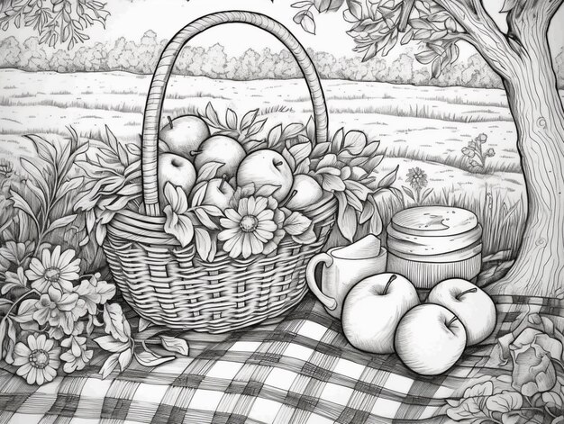 hay un dibujo de una canasta de manzanas y un frasco de manzanas ai generativo