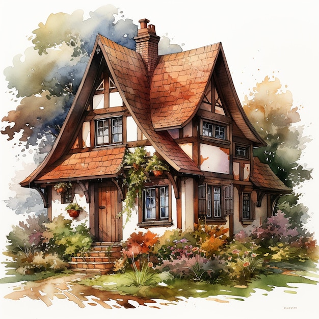 Hay un dibujo de una casa con un techo marrón generativo ai