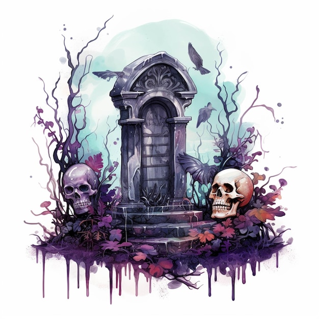 Hay un dibujo de un cementerio con una calavera y una puerta generativa ai