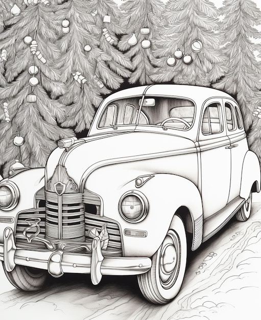 Foto hay un dibujo de un coche estacionado frente a un árbol de navidad generativo ai