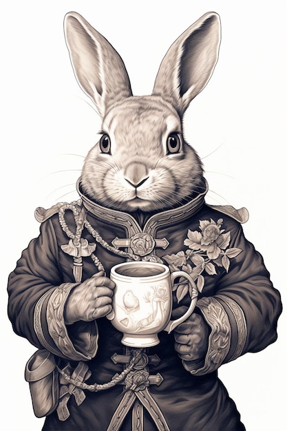 Hay un dibujo de un conejo en un traje sosteniendo una taza generativa ai