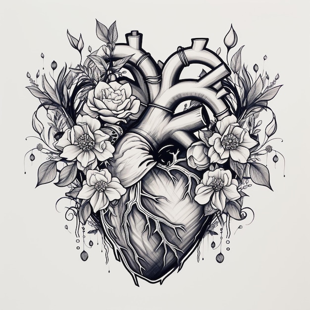 Hay un dibujo de un corazón con flores y hojas generativas ai