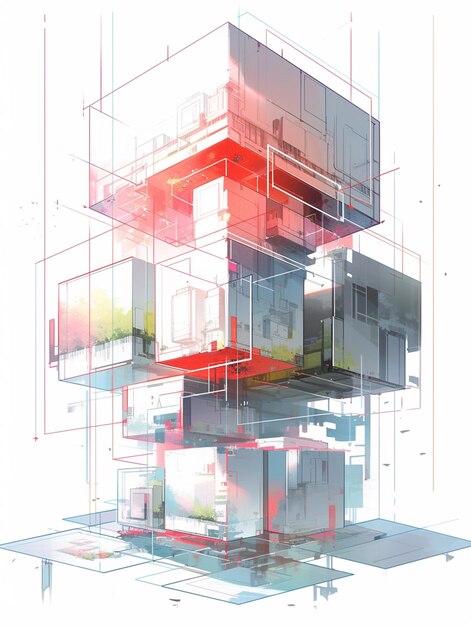 Hay un dibujo de un edificio con un techo rojo generativo ai