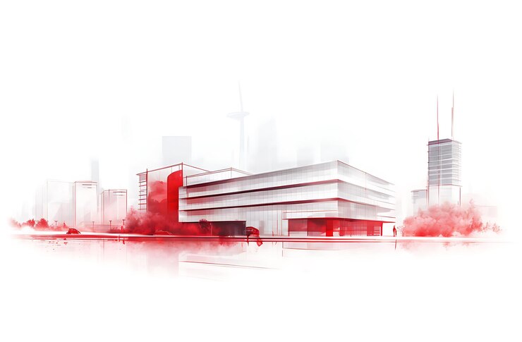 hay un dibujo de un edificio con un techo rojo