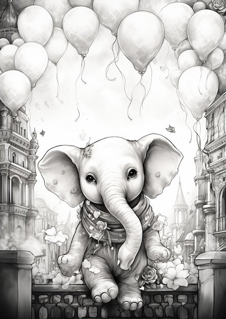 hay un dibujo de un elefante sentado en una repisa con globos ai generativo