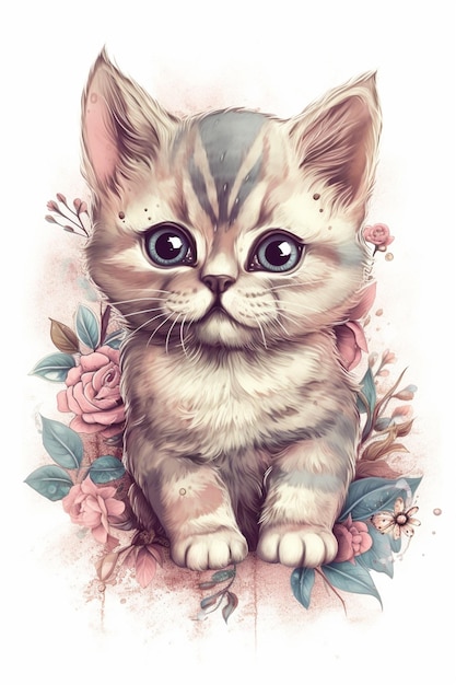 hay un dibujo de un gatito con flores en él generativo ai