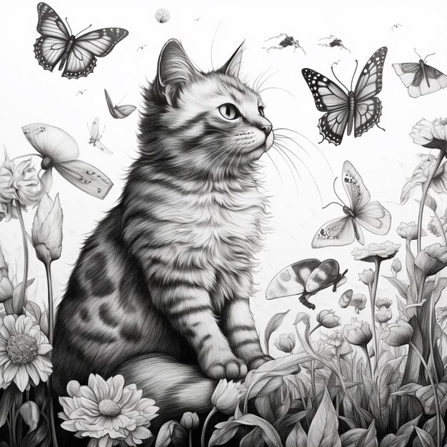 hay un dibujo de un gato sentado en un campo de flores generativo ai