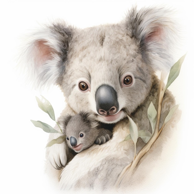 hay un dibujo de un koala sosteniendo un bebé koala generativo ai