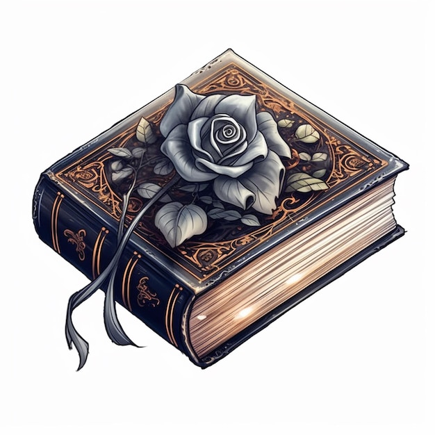 Foto hay un dibujo de un libro con una rosa en él generativo ai
