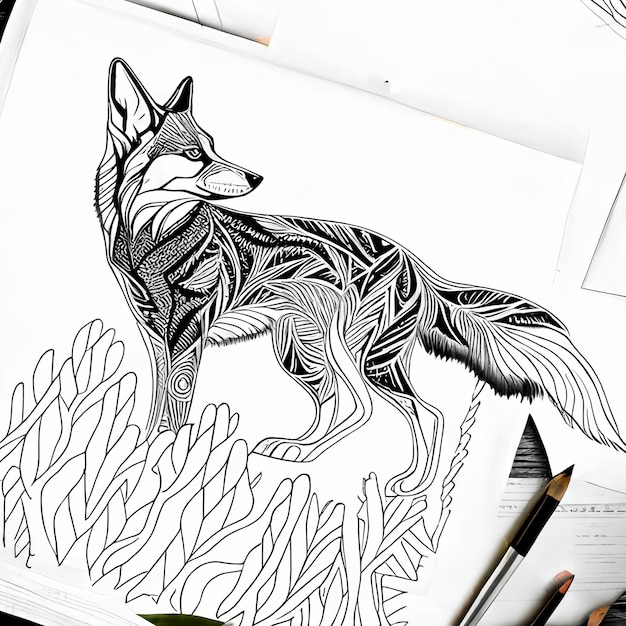 hay un dibujo de un lobo en una mesa con un bolígrafo ai generativo