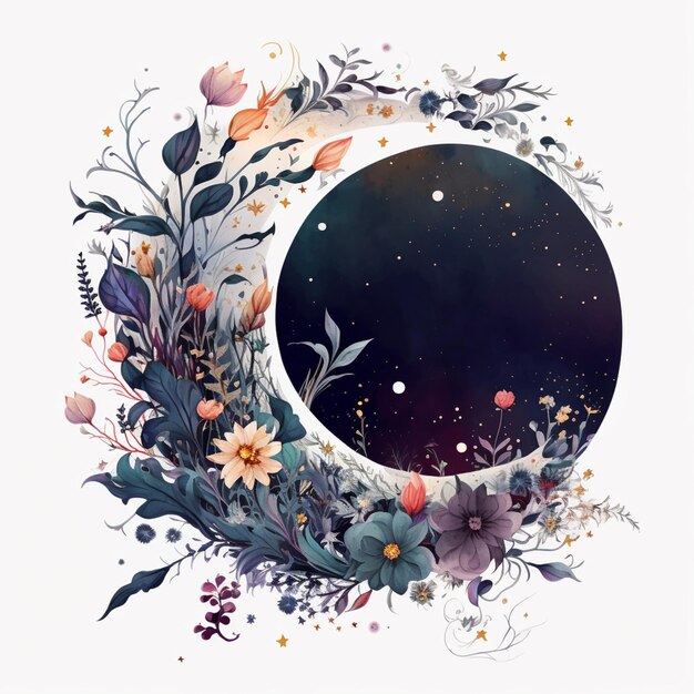 hay un dibujo de una luna con flores y plantas a su alrededor ai generativo