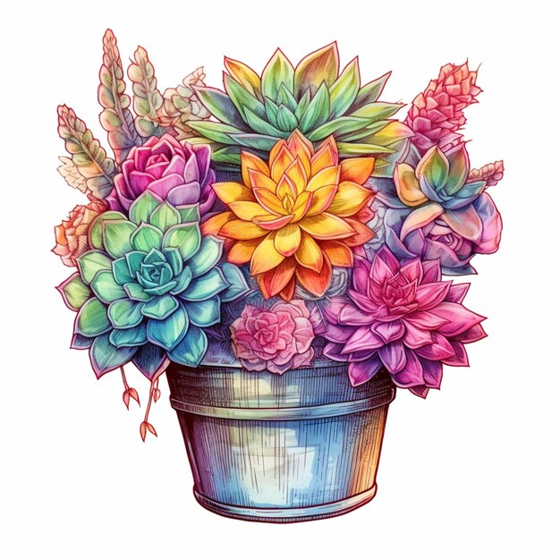 Hay un dibujo de una maceta de flores con suculentas ai generativo.