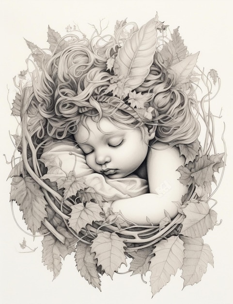 Hay un dibujo de una niña durmiendo en un nido con hojas generativas ai.
