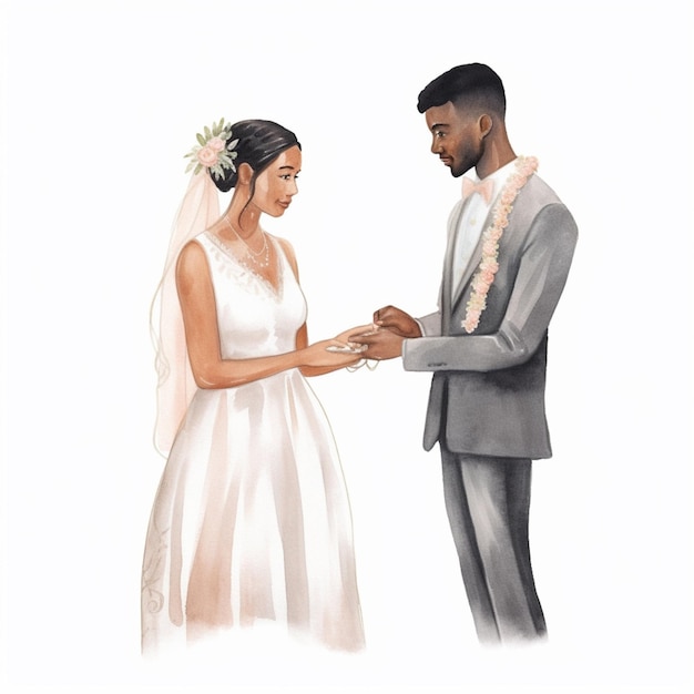 Hay un dibujo de una novia y un novio intercambiando un anillo de bodas.