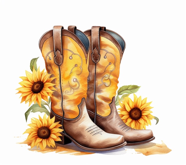 Hay un dibujo de un par de botas vaqueras con girasoles ai generativo.