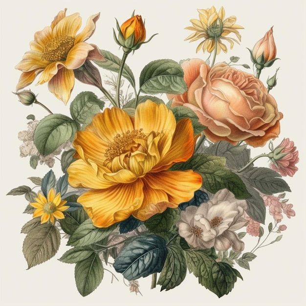 Hay un dibujo de un ramo de flores con flores amarillas y rosas ai generativo.