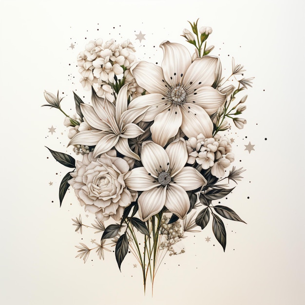Hay un dibujo de un ramo de flores con flores blancas generativas ai