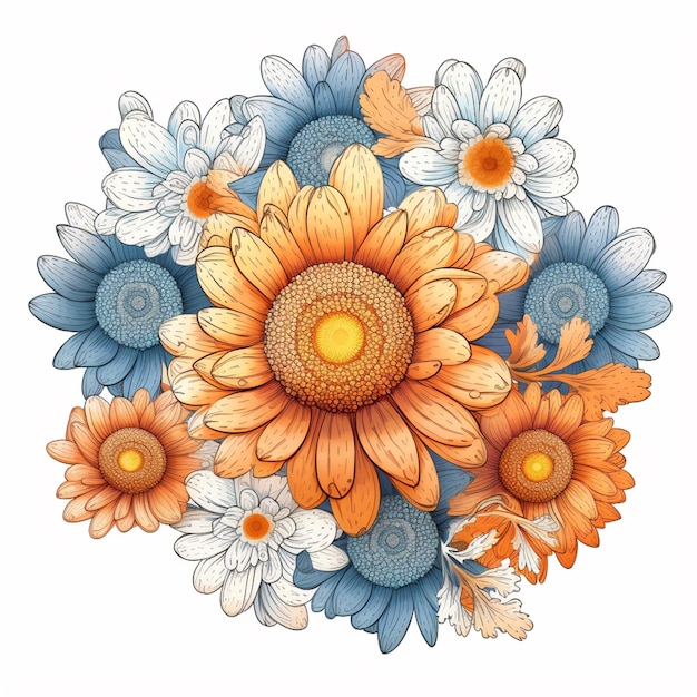 hay un dibujo de un ramo de flores con flores naranja y azul generativo ai