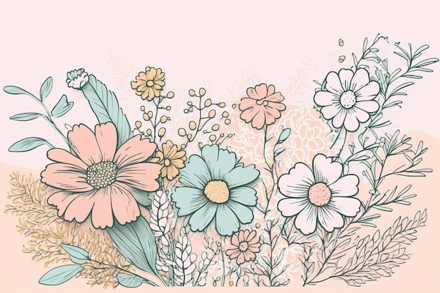 Foto hay un dibujo de un ramo de flores en un fondo rosa generativo ai