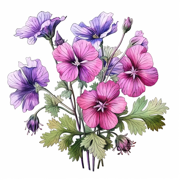 Hay un dibujo de un ramo de flores con hojas ai generativo.