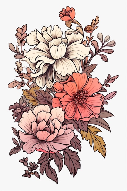 Hay un dibujo de un ramo de flores sobre un fondo blanco generativo ai