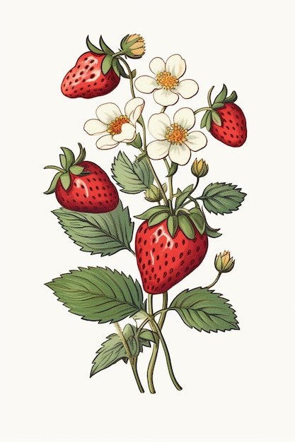 Hay un dibujo de un ramo de fresas con flores generativas ai