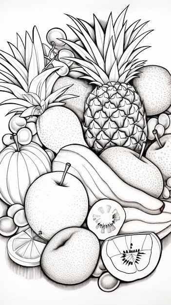 Foto hay un dibujo de un ramo de frutas en una mesa generativa ai