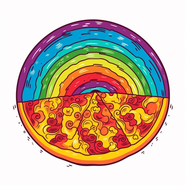 hay un dibujo de una rebanada de pizza con un arco iris en el fondo generativo ai