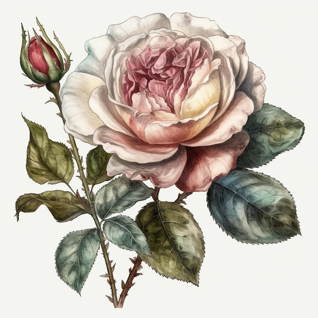 Hay un dibujo de una rosa con hojas y un capullo generativo ai