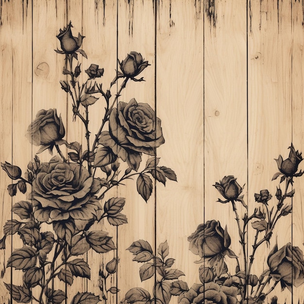Hay un dibujo de rosas en una pared de madera generativa ai