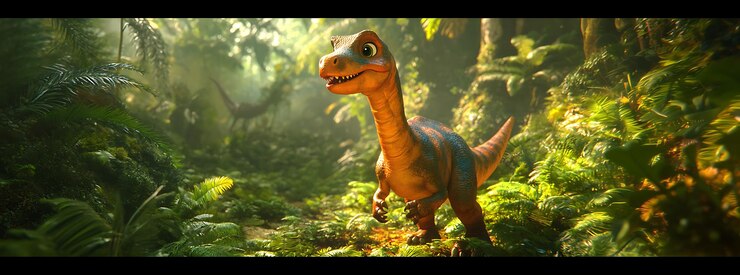 hay un dinosaurio de juguete de pie en el medio de un bosque