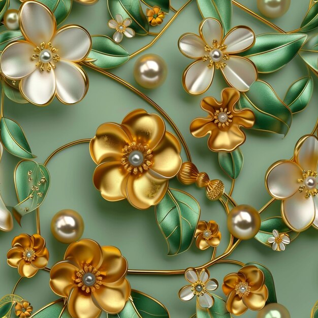 Hay un diseño floral dorado y verde con perlas generativas ai