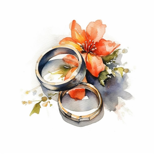 Hay dos anillos de boda con flores en la mesa generativa ai.