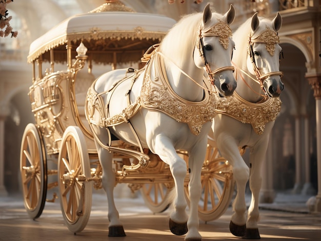 Foto hay dos caballos tirando de un carruaje con una decoración de oro generativa ai