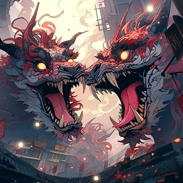 hay dos cabezas de dragón con colores rojos y negros en ellos generativo ai