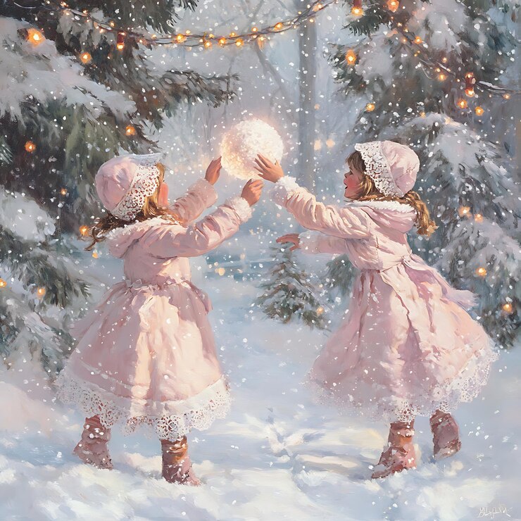 Hay dos chicas con vestidos rosados jugando con una bola de nieve.