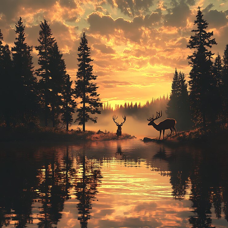 Hay dos ciervos de pie en el agua al atardecer