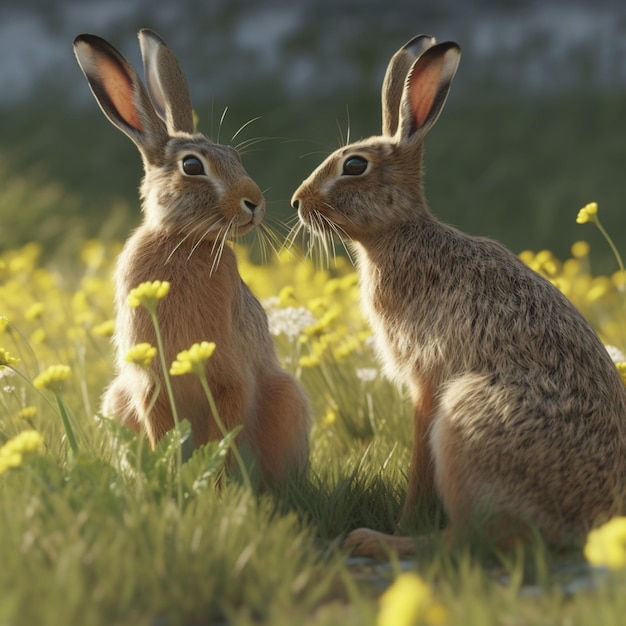 hay dos conejos sentados en la hierba con flores amarillas ai generativo